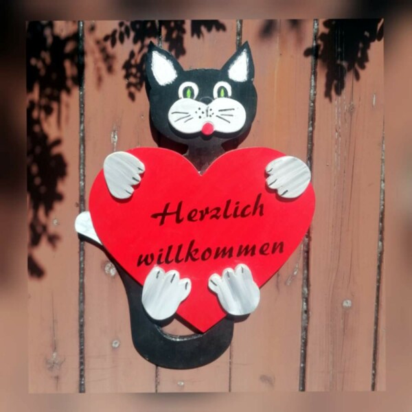 Handgemacht Katze Holz Willkommen