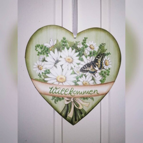 Holzbild Holzherz Blumen Willkommen Schmetterling